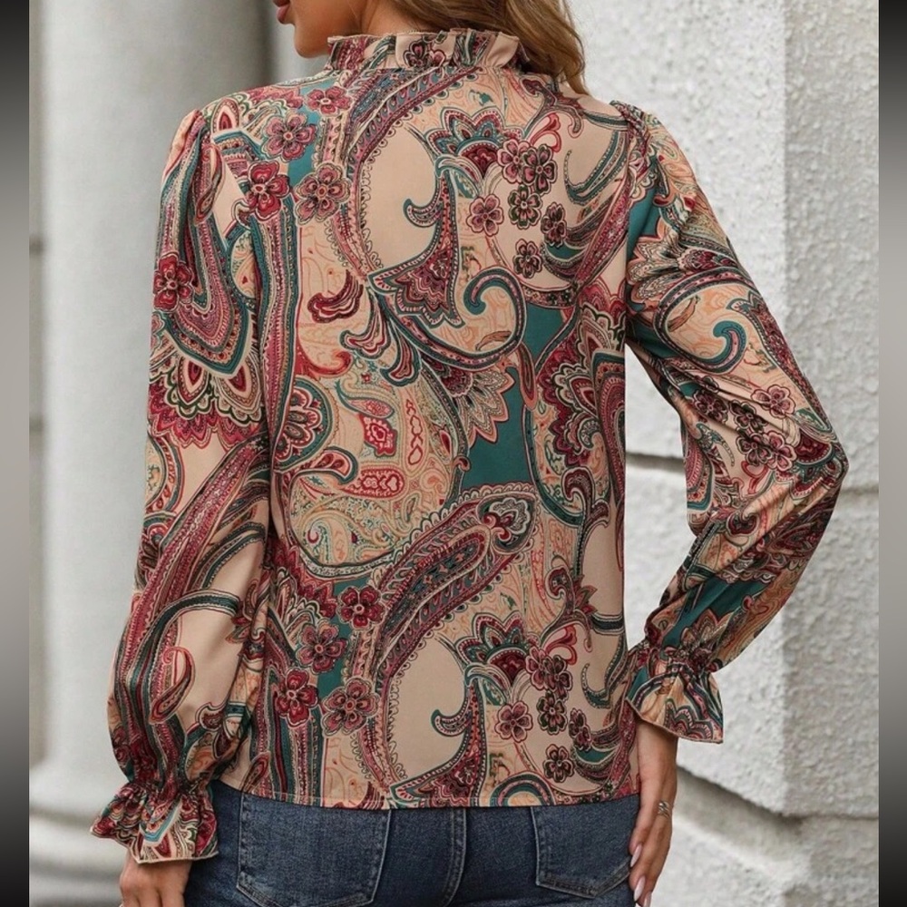 Paisley Print Mock Neck Lantern Sleeve Blouse - Picture 2 of 7